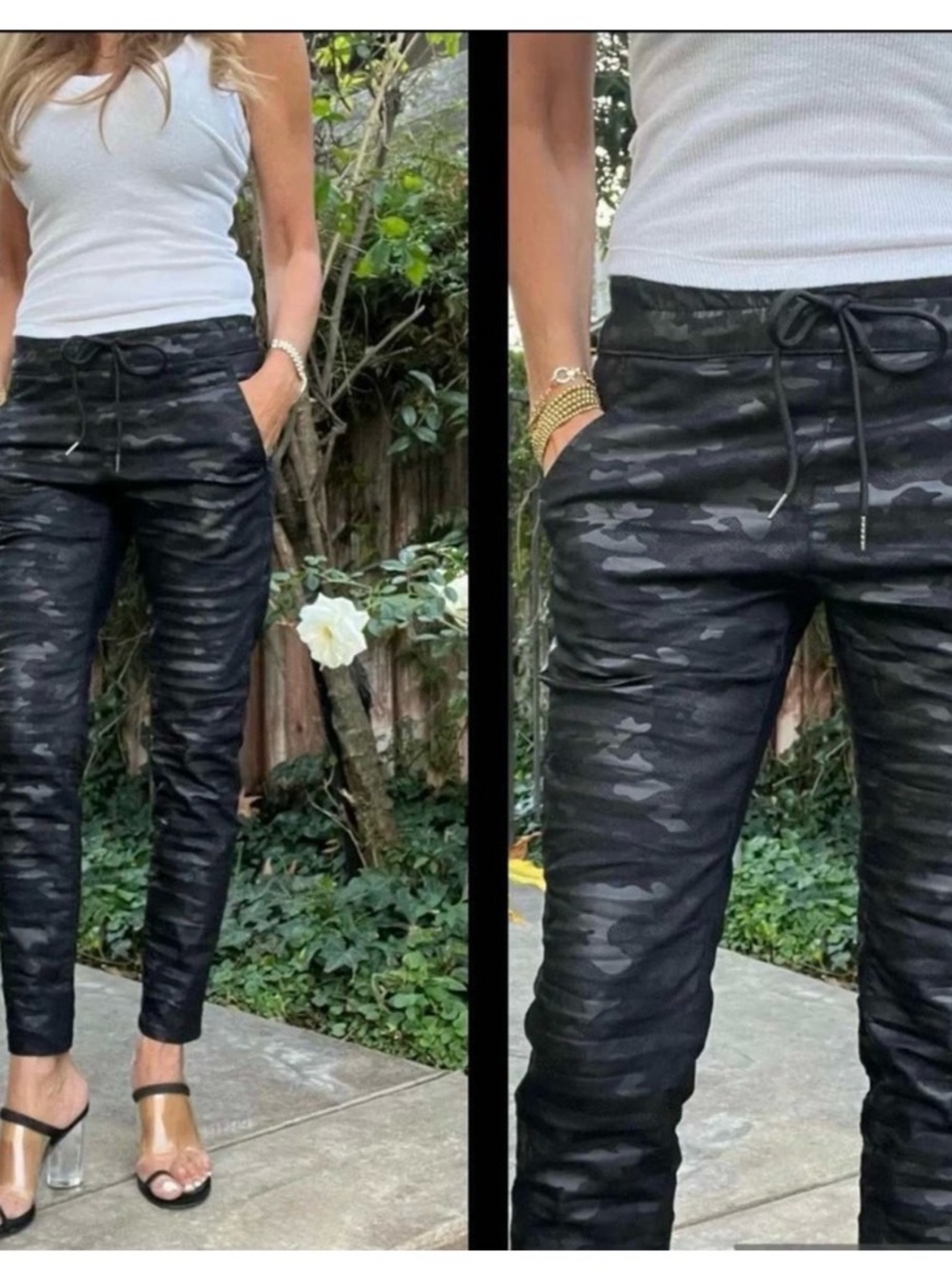 BEVY FLOG Women’s Black Camo Track Joggers and green cloth & stone camo